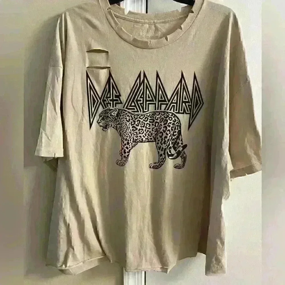 Def leopard beige distressed semi cropped leopard print t.shirt. 2X